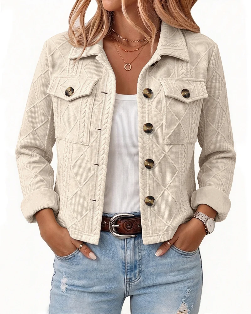Women's apricot cropped knit jacket with embossed diamond pattern and button-front design